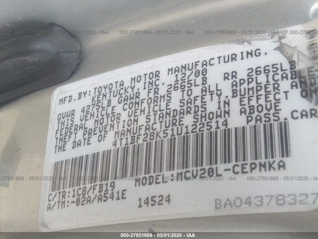 4T1BF28K51U122514 - 2001 TOYOTA CAMRY LE/XLE ვერცხლისფერი ფოტო 9