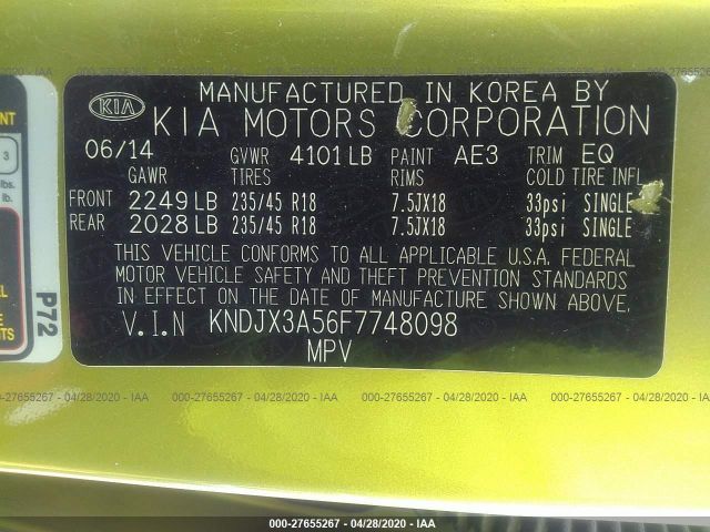 KNDJX3A56F7748098 - 2015 KIA SOUL ! Yaşıl foto 9