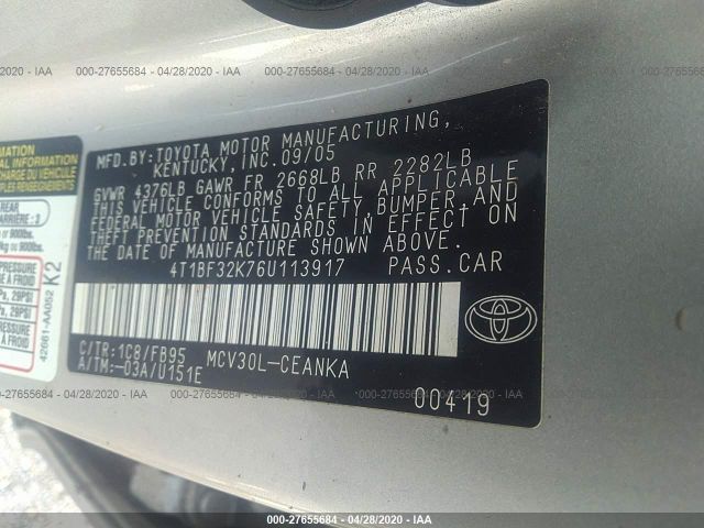 4T1BF32K76U113917 - 2006 TOYOTA CAMRY LE/XLE/SE Silver photo 9