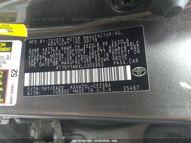 4T1G11AKXLU305953 - 2020 TOYOTA CAMRY  Gray photo 9