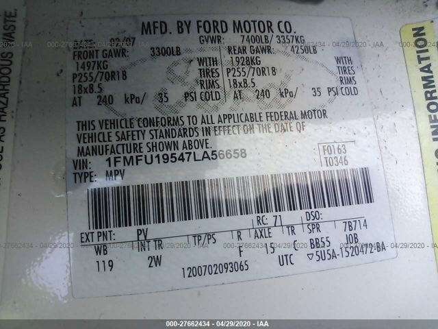 1FMFU19547LA56658 - 2007 FORD EXPEDITION LIMITED White photo 9