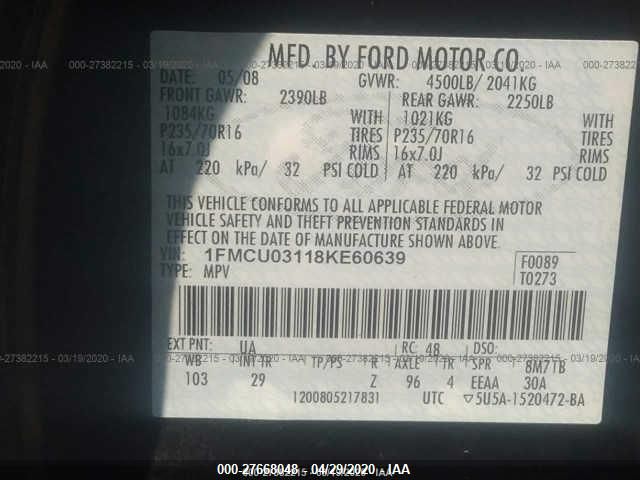 1FMCU03118KE60639 - 2008 FORD ESCAPE XLT Black photo 9