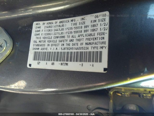 5J8TB2H51AA005224 - 2010 ACURA RDX TECHNOLOGY Gray photo 9