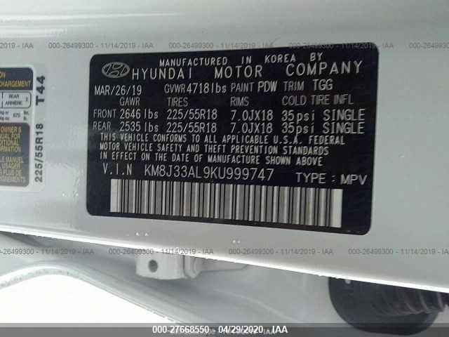 KM8J33AL9KU999747 - 2019 HYUNDAI TUCSON LIMITED/SEL/SPORT/ULTIMAT White photo 9