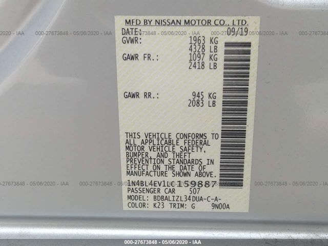 1N4BL4EV1LC159887 - 2020 NISSAN ALTIMA SL Silver photo 9