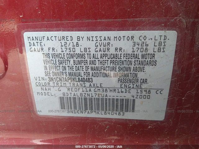 3N1CN7AP9KL840483 - 2019 NISSAN VERSA S/S PLUS/SV Red photo 9