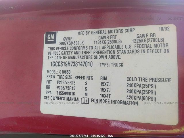 1GCCS19H738147010 - 2003 CHEVROLET S TRUCK S10 Red photo 9