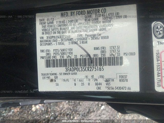 3FADP0L35CR275165 - 2012 FORD FUSION HYBRID Black photo 9