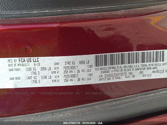 2C4RDGEG5KR735172 - 2019 DODGE GRAND CARAVAN GT Red photo 9