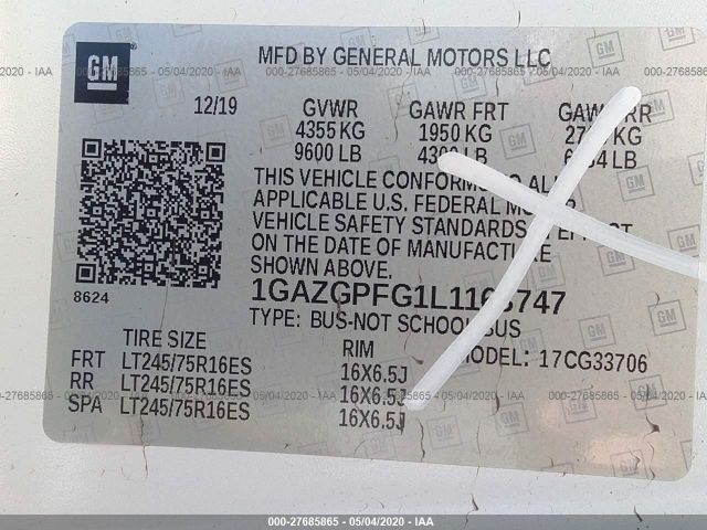 1GAZGPFG1L1163747 - 2020 CHEVROLET EXPRESS G3500 LT White photo 9